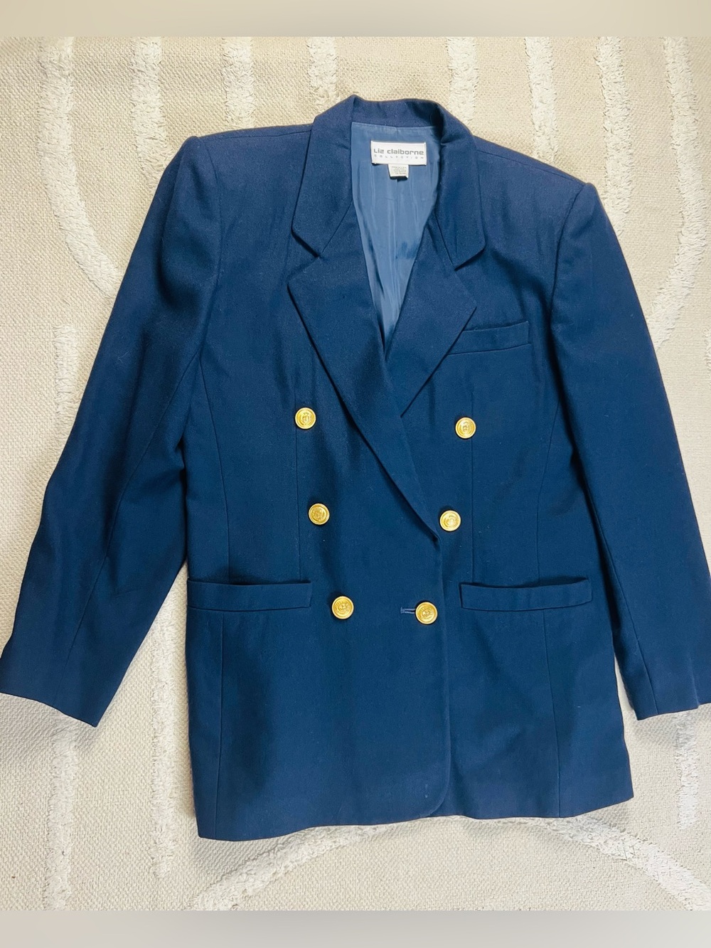 Vintage 90s Liz Claiborne Navy Wool Blazer – Double-Breasted Gold Buttons – 8 - Picture 2 of 13